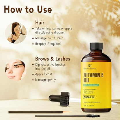Botanic Hearth Vitamin E Oil (Glass Bottle 2 Fl Oz Set of 2) | 100% Pure and Natural Oil for Growth of Nails, Hair, Eyebrows & Eyelashes | 35,000 Iu | Hair & Body Oil with Eyebrow & Eyelash Brush
