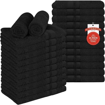 RIVERSIDE Pack of 24 Salon Towels Set – 16 x 26 Inches, 100% Ring Spun Cotton Highly Absorbent and Quick Dry Towels for Salon, Hand, Barber, Gym, Home & Hair Care, Black