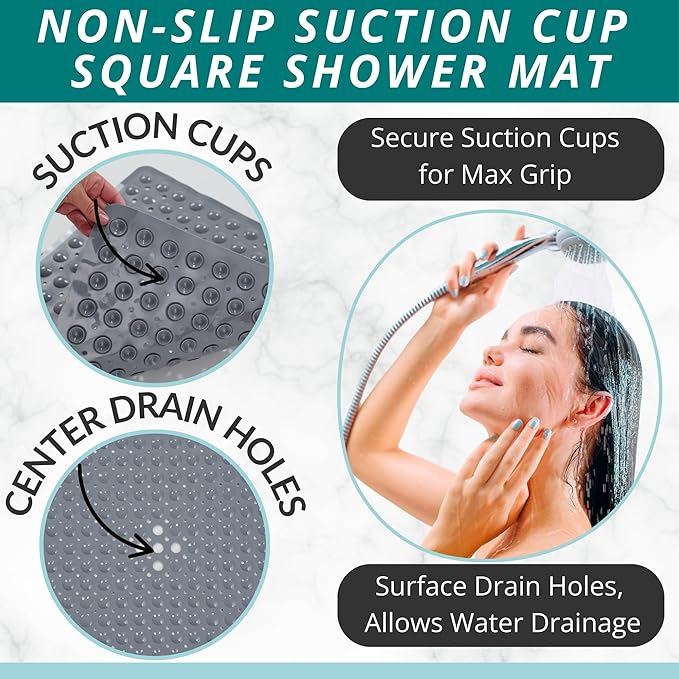 ENKOSI 21 x 21 inch Square Non-Slip Shower Mat – Anti-Slip Shower Mats for Inside Shower – Secure Grip for Shower Stall Floors – Quick-Dry with Drain Holes (21x21 Grey)