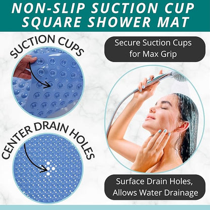 ENKOSI Square Shower Mat – 21 x 21 Inch Non-Slip Bathroom Shower Stall Mat with Suction Cups and Drain Holes – Anti-Slip Bathtub Shower Mats for Inside Shower (21x21 Aqua Blue)