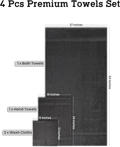 Casa Lino 100% Cotton Bath Towels Set of 4 (1 Bath Towel, 1 Hand Towel & 2 Wash Cloths) - Bathroom Towels and Washcloths Set - Complete Bathroom Set - Guest Room Essentials - (Charcoal Black)