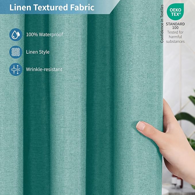2-in-1 Waterproof Fabric Shower Curtain or Liner,Linen Textured,Breathable TPU & Washable Bathroom Shower Curtain Set with 12 Plastic Hooks,Modern,72"x72" Teal
