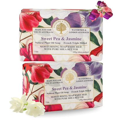 Wavertree & London Sweet Pea & Jasmine Scented Natural Soap (2 Bars), 7oz Moisturizing French Triple Milled Soap Bars enriched with shea butter - Pure Plant Based Bath & Body Bars for All Skin Types
