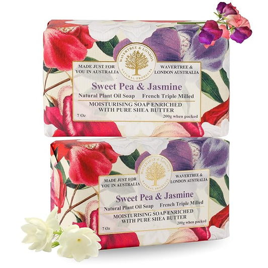 Wavertree & London Sweet Pea & Jasmine Scented Natural Soap (2 Bars), 7oz Moisturizing French Triple Milled Soap Bars enriched with shea butter - Pure Plant Based Bath & Body Bars for All Skin Types