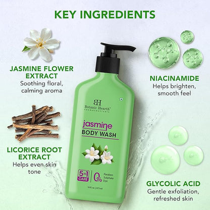 Botanic Hearth Jasmine Body Wash – Gentle 5-in-1 Cleansing Formula with Soothing Floral Aroma, Hydrating & Sulfate Free Daily Shower Gel – 16 fl oz