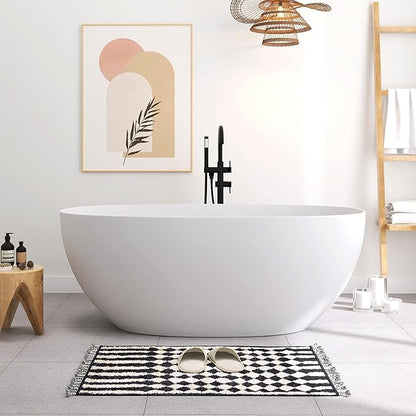 SJ STAR&JANE 59" Freestanding Solid Surface Bathtub, Oval Stone Resin Soaking Tub Stand Alone Tub with Pop-up Drain & Overflow Matte White
