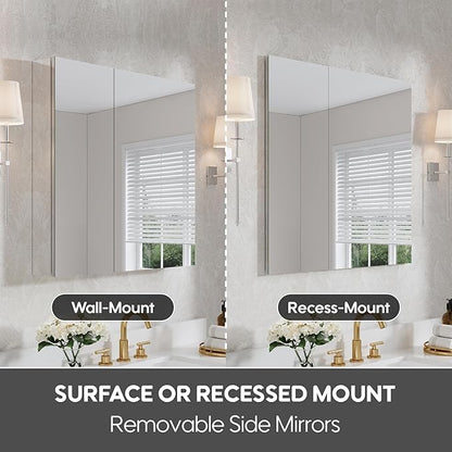 WELLFOR 32" x 30" Rectangle Medicine Cabinet Mirror, Surface Mount or Recessed Medicine Cabinet with Tempered Mirror, Anodized Chrome Aluminum Frame, Bathroom Mirror with Storage