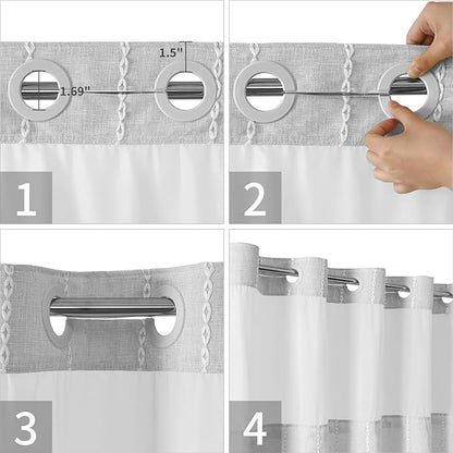 No Hook Long Shower Curtain Set with Snap-in Fabric Liner,Linen Ultra Thick Fabric with Tassels,Boho Chic Modern Farmhouse Country Neutral Cloth Shower Curtains for Bathroom,Grey/Gray,71x80