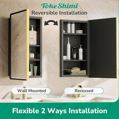 TokeShimi 36x24 Bathroom Mirror with Storage Beveled, Gold Recessed Medicine Cabinet with Mirror Aluminum, Surface Mounted Metal Medicine Cabinets for Bathroom Vanity Wall