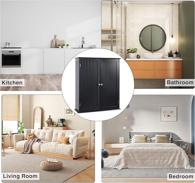 Blcak Bathroom Cabinet Wall Mounted, Bathroom Wall Cabinet Over Toilet, Hanging Cabinet for Bathroom, Bathroom Medicine Cabinet with 2 Doors and Adjustable Shelves, Wood
