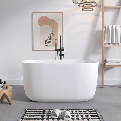 SJ STAR&JANE 47" Solid Surface Freestanding Bathtub Modern Stone Resin Oval Soaking Tub with Side Drain in Matte White