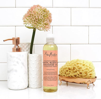 Shea Moisture Coconut & Hibiscus Massage Oil and Body Oil for Dry Skin, Bath Oil with Coconut Oil and Vitamin E Oil for Skin, 8 oz