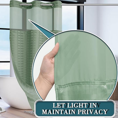 Conbo Mio Stall No Hook Sage Green Shower Curtain with Snap in Liner Set, Hotel Luxury Shower Curtains for Bathroom with See Through Top Window, Waterproof, Washable 36W x 74H
