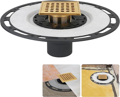 Square Shower Drain, 4-Inch Polished Gold Kit with Bonding Flange, Removable Stainless Steel Grate, Drain Key & Hair Strainer, Fits 2" & 3" Pipes for Tiled Floors