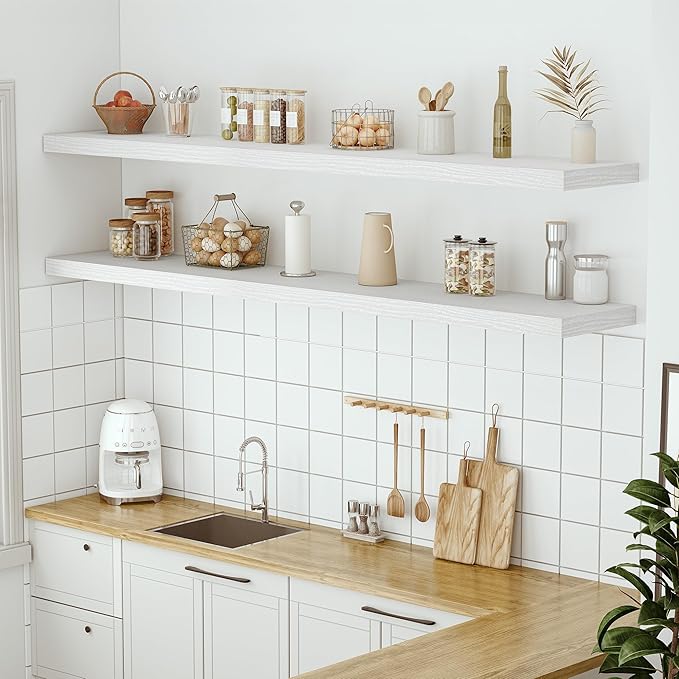 Vivelove 12 in Deep Floating Shelves for Wall, 72" x 12" x 2" Shelves for Room Wall Mounted, 2 Inch Thick Shelf for Bathroom Bedroom Kitchen Book Room, Modern Farmhouse Decor, Set of 1, White