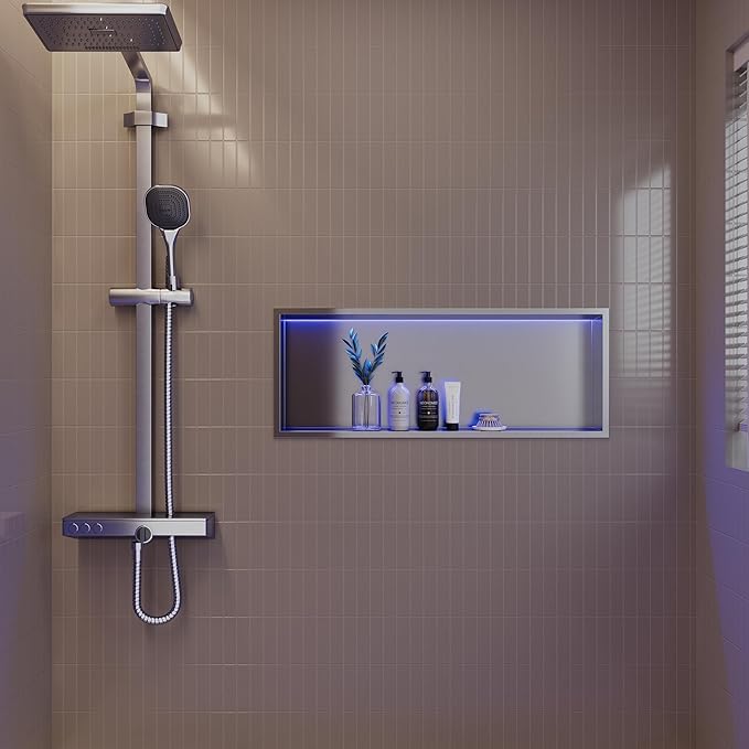30X12 RGB Shower Niche, Brushed Nickel Stainless Steel LED Recessed Storage, No Tile Needed Wall Niche for Bathroom Storage Over Mount Installation