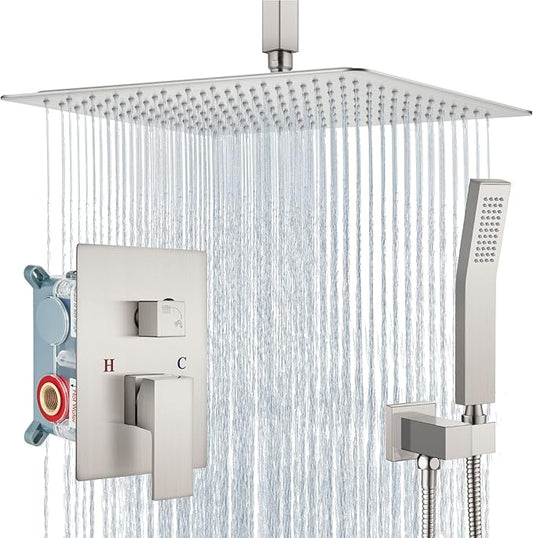 Aolemi Ceiling Mount Shower System Rain Shower Head with Handheld Spray High Pressure Shower Faucet Set Rough-in Valve Shower Trim Kit Included Bathroom Brushed Nickel 16 Inch Ceiling Shower Head