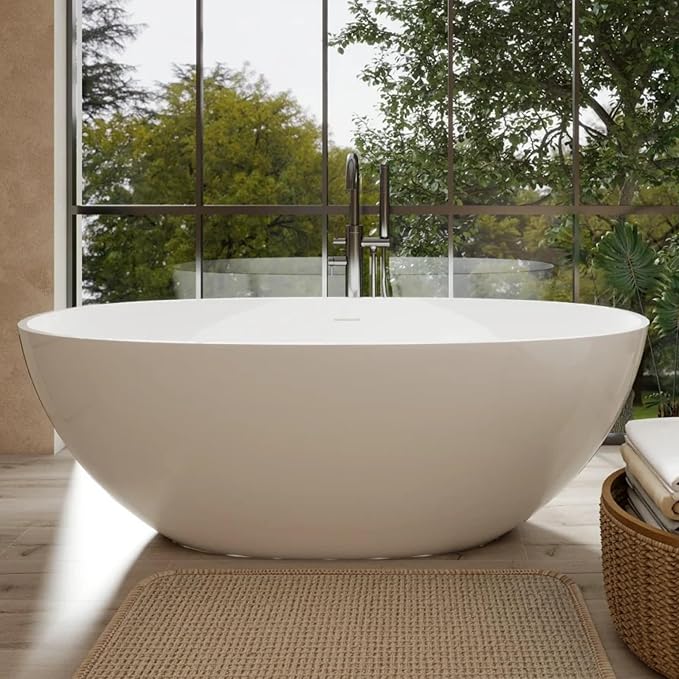 Abruzzo 65" Glossy White Freestanding Solid Surface Bathtub, Luxury Handcrafted Stone Resin Freestanding Soaking Bathtub with Overflow and Pop-up Drain