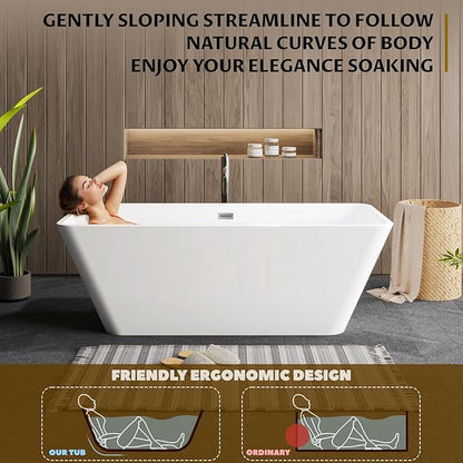 66'' Acrylic Freestanding Bathtub, Deep Soaking Tub with Non-Slip Base, cUPC Certified Free Standing Tub, Chrome Drain Bath Tub, Modern Tub for Bathrooms, White
