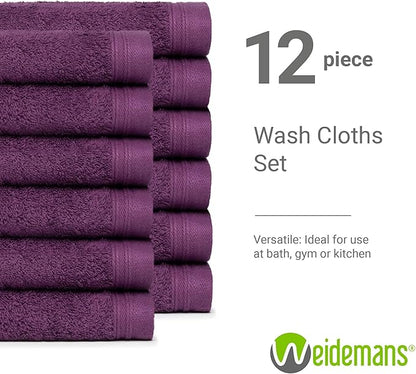 100% Cotton Washcloths Set 13” x 13” | Plum Towels | Set of 12 Ultra Soft and Highly Absorbent Washcloths Sets for Bathroom, Gym, Hotel, Spa | Machine Washable Face Towel