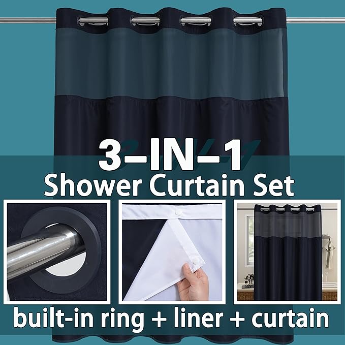 Conbo Mio Extra Long No Hook Shower Curtain with Snap in Liner Set, Hotel Luxury Black Fabric Shower Curtains for Bathroom with See Through Top Window, Washable, Waterproof 71W x 84H