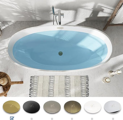 FerdY Tahiti 67" Freestanding Bathtub Elegant Oval Shape, Glossy White Double Walled Insulation bathtub with Center Polished Gold Drain & Overflow, cUPC Certified