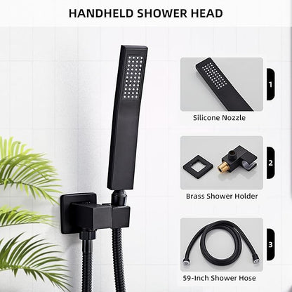 Shower Faucet Set, Matte Black Rainfall Shower System Complete Wall Mounted for Bathroom with 10 Inch Square Shower Head and Handheld Shower Head Rain Mixer Combo Set