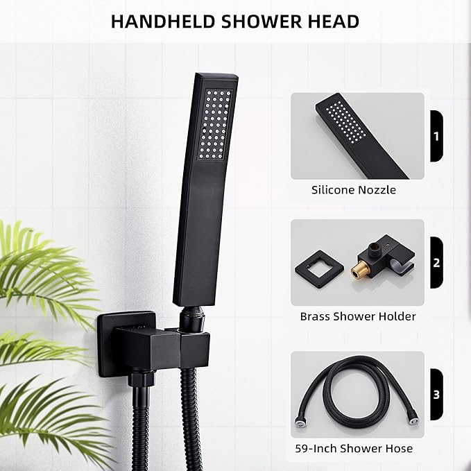 Shower Faucet Set, Matte Black Rainfall Shower System Complete Wall Mounted for Bathroom with 12 Inch Square Shower Head and Handheld Shower Head Rain Mixer Combo Set