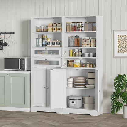MU 67" Tall Bathroom Storage Cabinets, Modern Linen Cabinet with Doors & Shelves & Drawer, Tall Freestanding Storage Cabinet for Bathroom, Living Room, Kitchen, Pantry, White