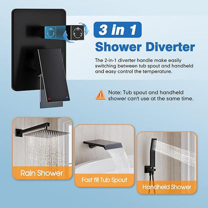Shower System with Tub Spout, All Metal Tub Shower Faucet Set with 12'' Rain shower heads and handheld spray combo,Wall Mounted Tub Shower Systems with Valve and Trim Kit, Matte Black