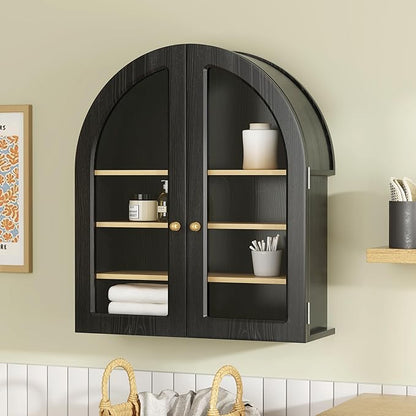 Large Arched Bathroom Wall Cabinet Modern Wooden Display Cabinet with Acrylic Doors Farmhouse Wall Mounted Cupboard Storage Organizer for Laundry Room, Dining Room, Black