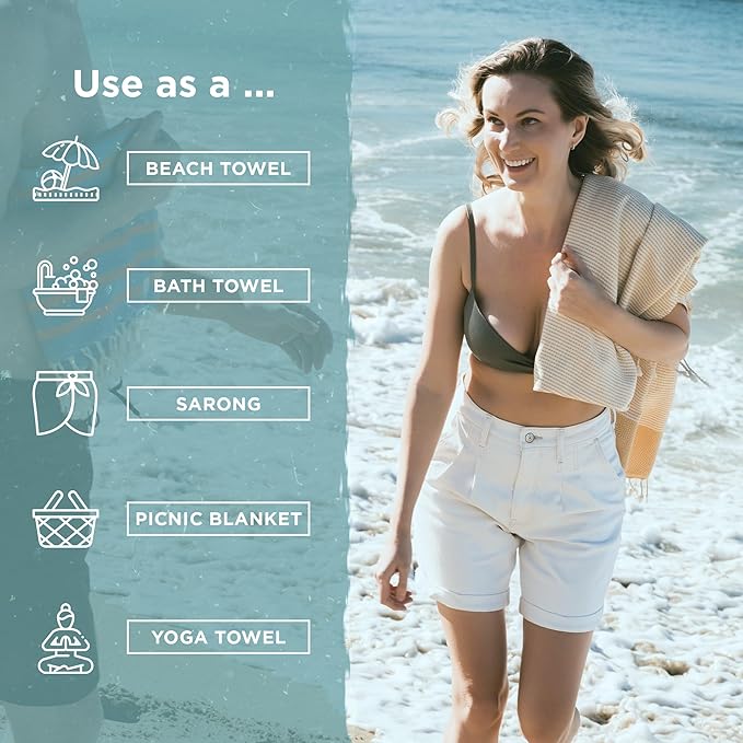Oversized Turkish Beach Towel, Diamond Dobby Aqua - 37'' x 67'' - Super Soft & Lightweight | Quick Dry Sand Free Travel Towels for Beach or Bath | Gifts
