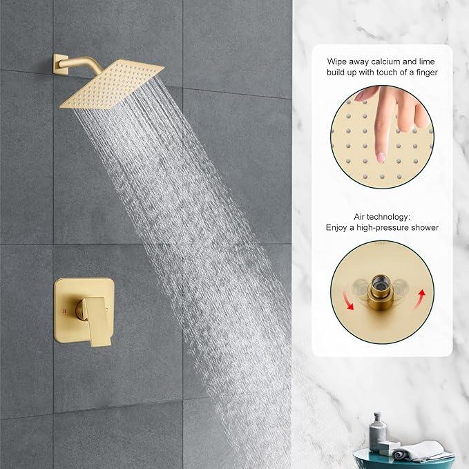 Heyalan 8 Inch Shower Head and Handle Set Square Shower Faucet Set Bathroom Rainfall Shower System Stainless Steel Showerhead Single Function Shower Trim Kit,Female Thread Valve,Brushed Gold