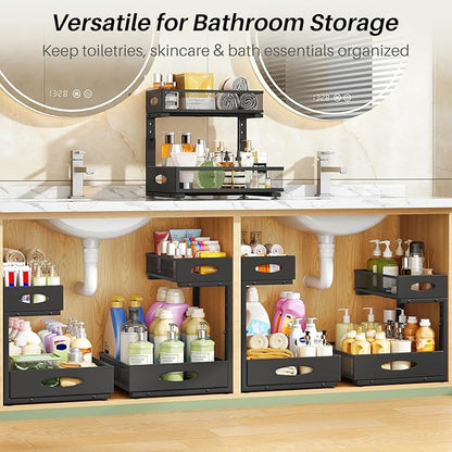 Under Sink Organizer, 2-Pack Pull Out Cabinet Organizer 2 Tier Metal Slide Out Storage Shelf Rack, L-Shaped Adjustable Height,Mesh Sliding Drawer for Kitchen, Bathroom, Laundry, Pantry, Black, XL