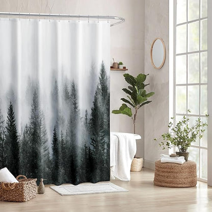 ORTIGIA Dark Green Misty Forest Shower Curtain for Bathroom, Nature Woodland Shower Curtain Set with Hooks, Decorative Pine Tree Fog Magic Bath Curtain for Home, Waterproof Fabric, Weighted, 72x72
