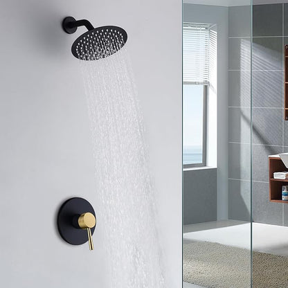 SUMERAIN Single-Function Shower Faucet Set Black and Gold, Stainless Steel 8 Inch Rain Shower Head Single Handle With Rough-in Valve Shower Trim Kit