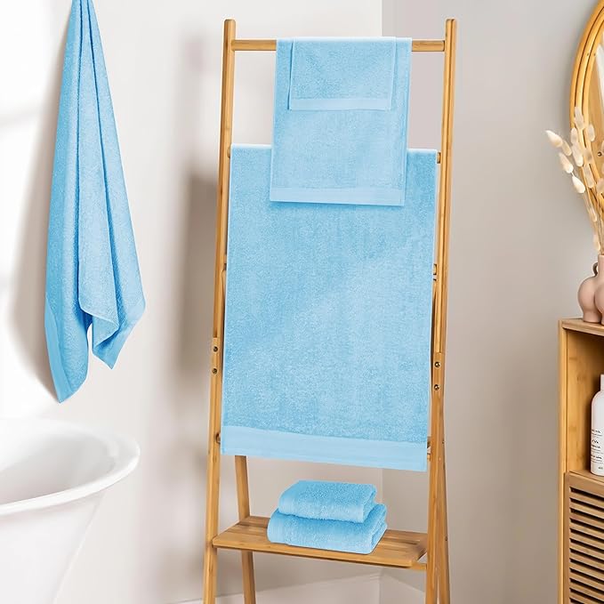 Ultra Soft 6 Pack Cotton Towel Set, Contains 2 Bath Towels 28x55 inch, 2 Hand Towels 16x24 inch & 2 Wash Coths 12x12 inch, Ideal Everyday use, Compact & Lightweight - Sky Blue