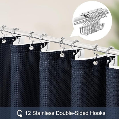 3 in 1 Extra Long Navy Blue Shower Curtain Set-72 W x 84 H, Modern Waffle and PEVA Liner Set with 12 Stainless Steel Hooks, Waterproof Fabric for Bathroom