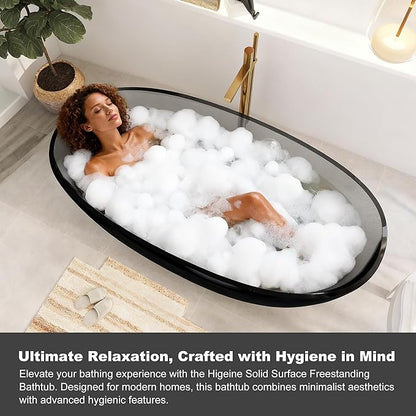 71" Premium Solid Surface Freestanding Bathtubs, Upgraded Transparent Dark Grey Oval Resin Soaking Tub with Pop-up Drain