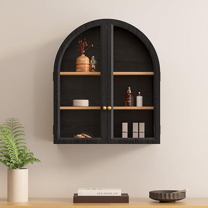 Small Arched Bathroom Wall Cabinet Modern Wooden Medicine Cabinet with Acrylic Doors Farmhouse Wall Mounted Cupboard Storage Organizer for Laundry Room, Dining Room, Black