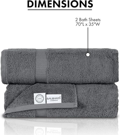 SALBAKOS 100% Turkish Cotton Extra Large Bath Sheet Set of 2 35x70 inch | Heirloom Quality | Hotel & Spa Collection | Soft, Absorbent Oversize Bath Towels | Made in Turkey (Gray, 2 Bath Sheets)