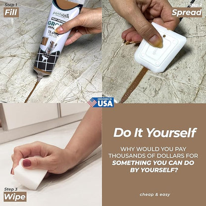 PentaUSA Tile Grout - Large Grout Filler Repairs Renews Tube, Fast Drying Grout Repair Kit, Odorless Formula - Grout Floater Included - 13.4oz / 380gr (Brown)