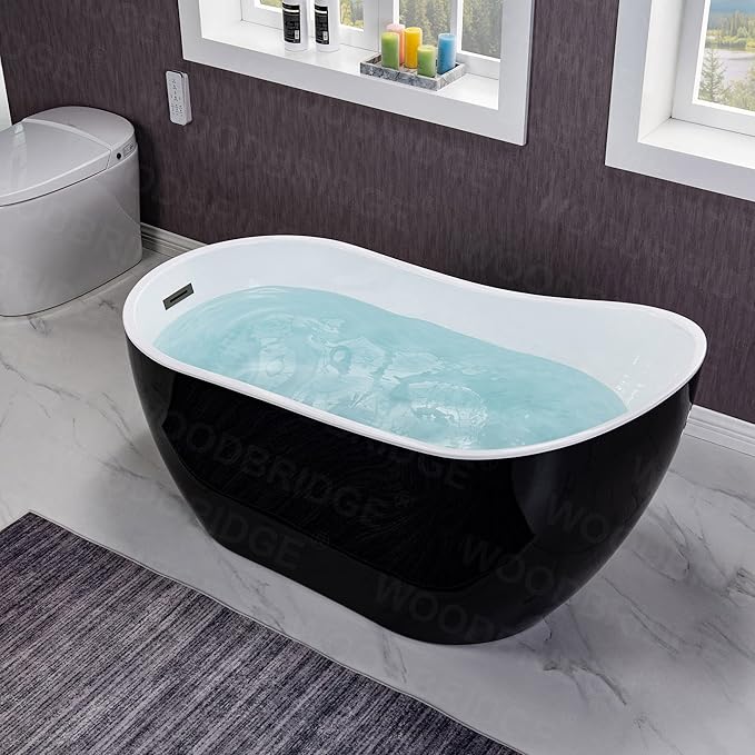 WOODBRIDGE 54" Freestanding White Acylic Soaking Bathtub with Matte Black Drain and Overflow,Black,B1807-MB
