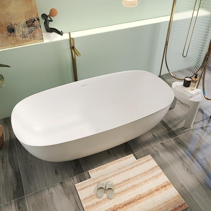 67" Upgraded Modern Solid Surface Free Standing Tub, Unique Matte White Stone Resin Soaker Tubs with Pop-up Drain