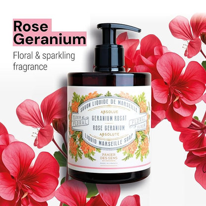 Panier des Sens - Moisturizing Hand Soap - Rose Geranium Fragrance - French Traditional Savon de Marseille Soap - Refillable Kitchen & Bathroom Soap - 16.9 Fl.oz Liquid Hand Wash 96% Natural