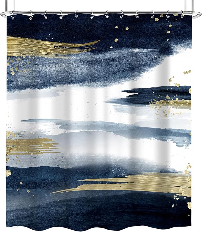Cinbloo Navy Blue Marble Shower Curtain 60Wx72H Abstract Modern Ombre Gold Minimalist Bathroom Curtain Set Man Woman Aesthetic Oil Painting Ink Bath Curtain Fabric Bathroom Decor with 12 Hooks
