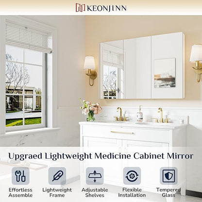 Keonjinn 48 x 32 Inch Large Medicine Cabinet Mirror, Assembly Required, White Bathroom Medicine Cabinets, Aluminum Framework, Adjustable Shelves, Tempered Glass, Soft Closing, Recessed or Wall Mount