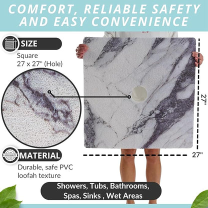 Shower Mat with Center Drain Hole - Secure Loofah Non Slip Shower Mats for Inside Shower - 27x27 Square Bath Mats for Shower - Anti Slip Shower Stall Mat - Square Shower Floor Mat (27x27 Blue Gray)