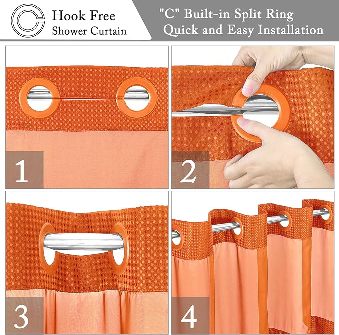 Gibelle No Hook Waffle Weave Shower Curtain with Snap-in Fabric Liner Set for Bathroom, Hotel Style with Mesh Top Window, Waterproof & Washable, Burnt Orange, 72x74