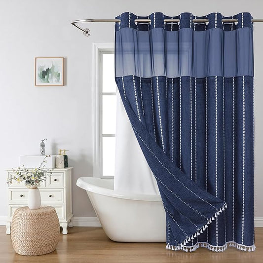 No Hook Long Shower Curtain Set with Snap-in Fabric Liner,Linen Textured Thick Striped Fabric with Tassels,Boho Farmhouse Rustic Luxury Bathroom Curtain,Water-Repellent,Navy Blue,71x80